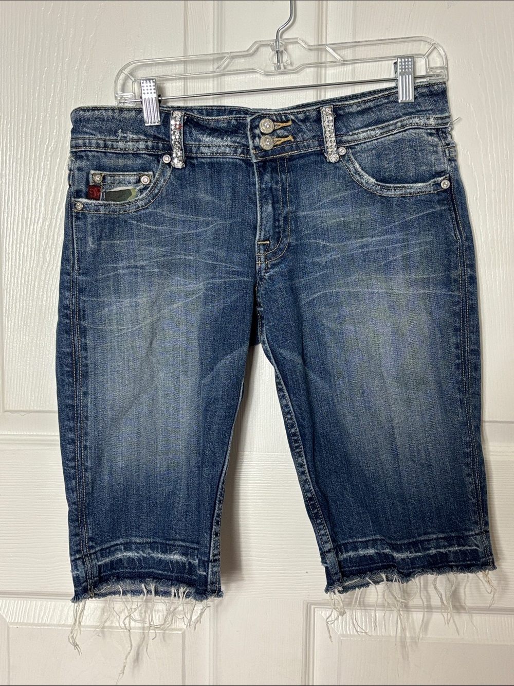 Miss Me Windsor Blue Distressed Denim Long Shorts Size 29 Rhinestone camouflage